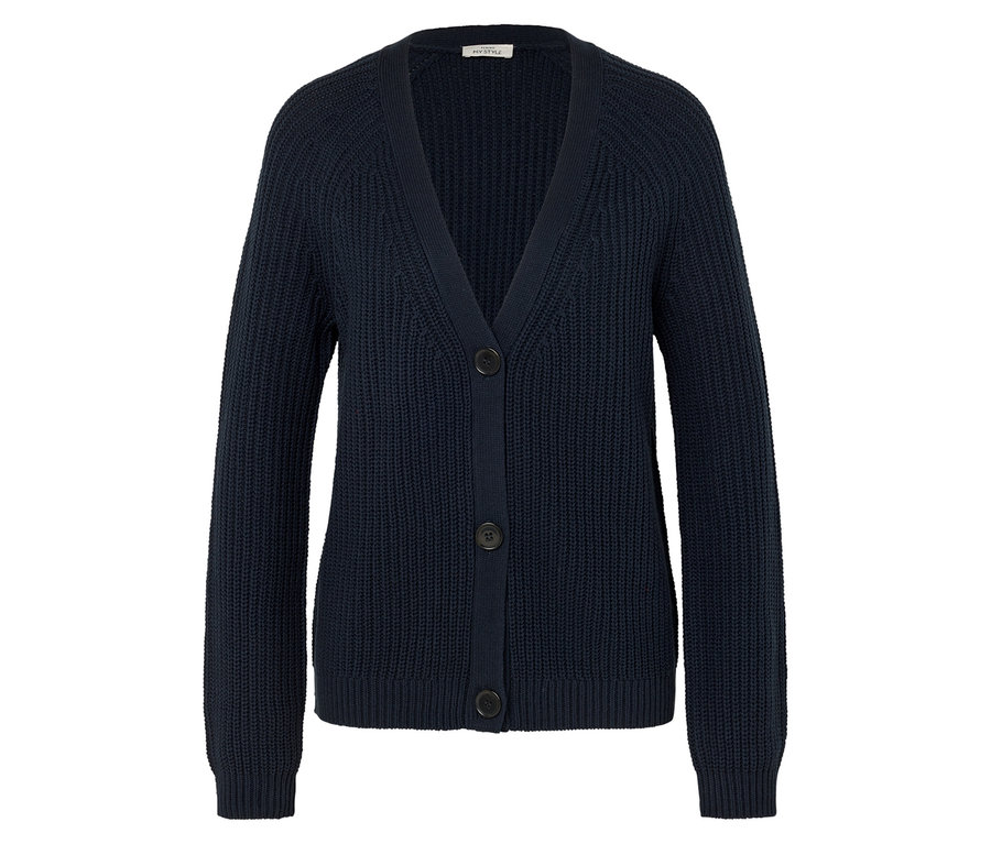 Tmavo modrý pletený kardigán s tromi gombíkmi.