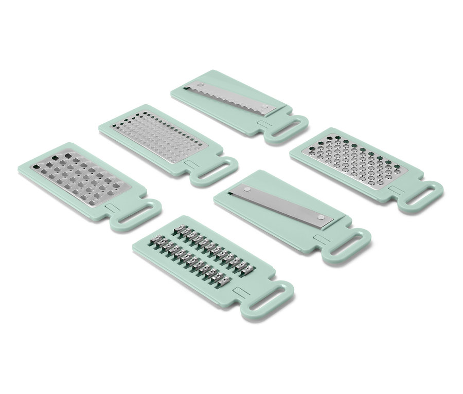 Šesť svetlozelených strúhadiel s rôznymi čepeľami, usporiadaných na bielom pozadí.