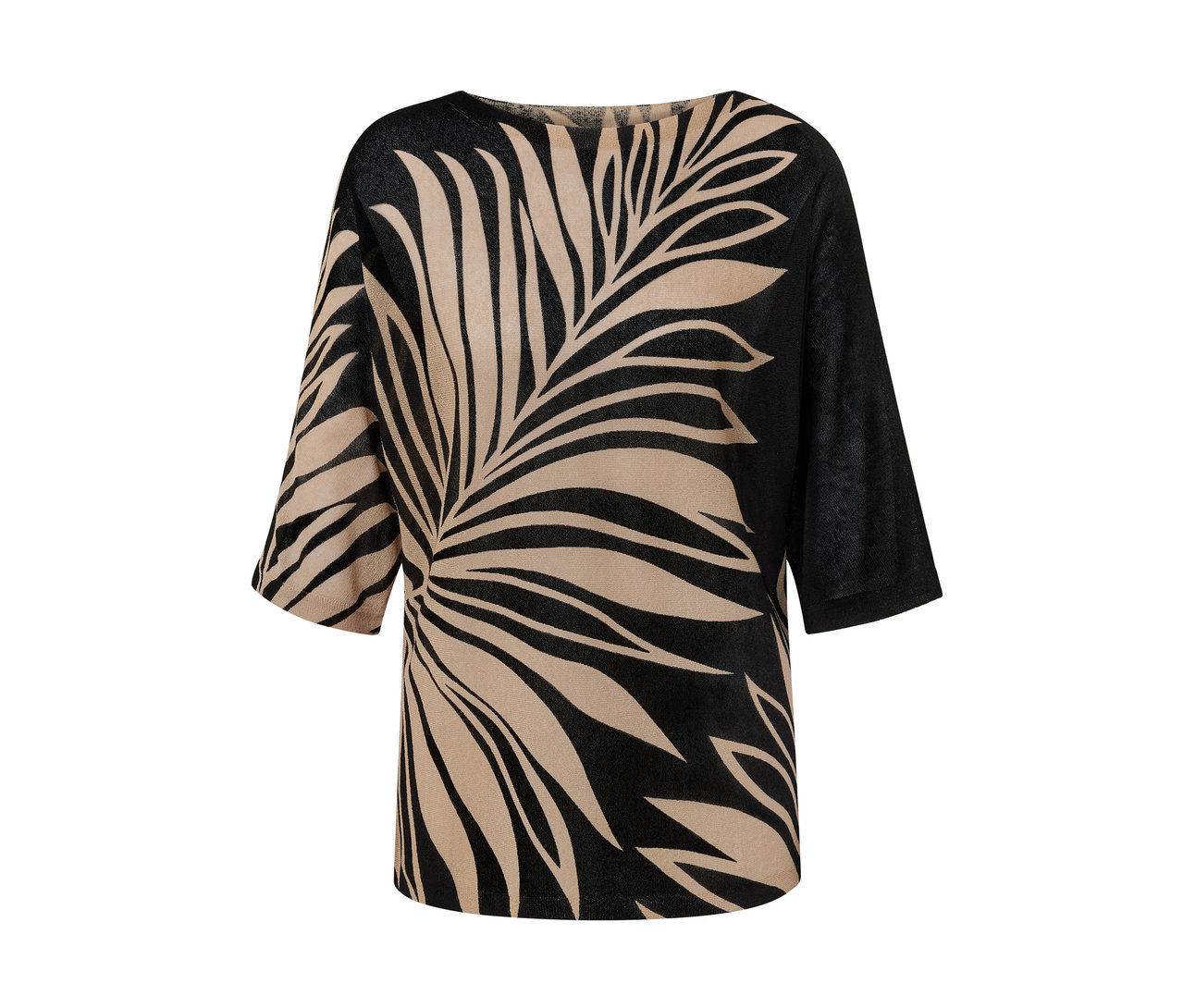 Detail potlačeného pulóvra z jemného úpletu.