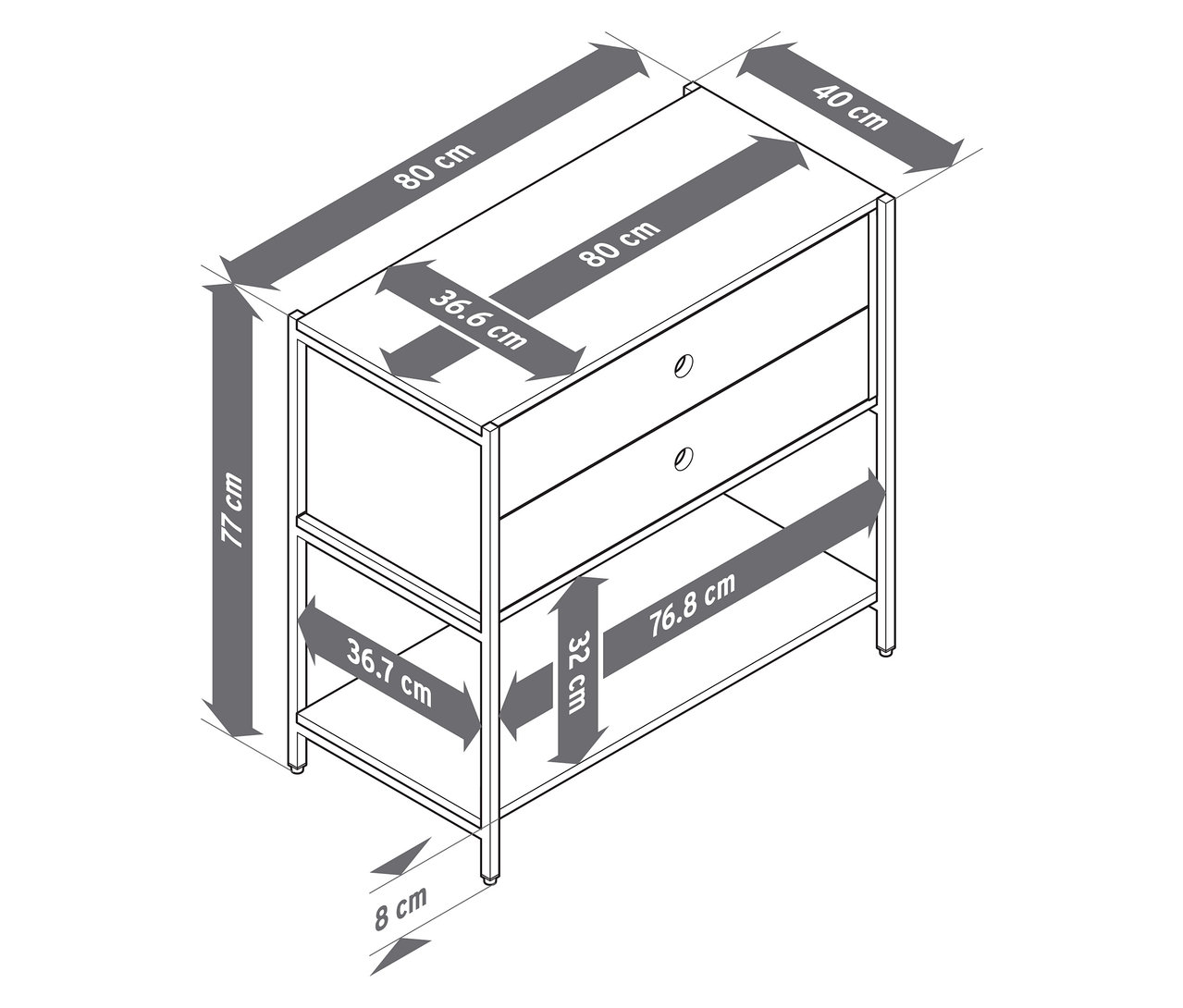 Diagram komody s dvomi zásuvkami a policou s vyznačenými rozmermi.