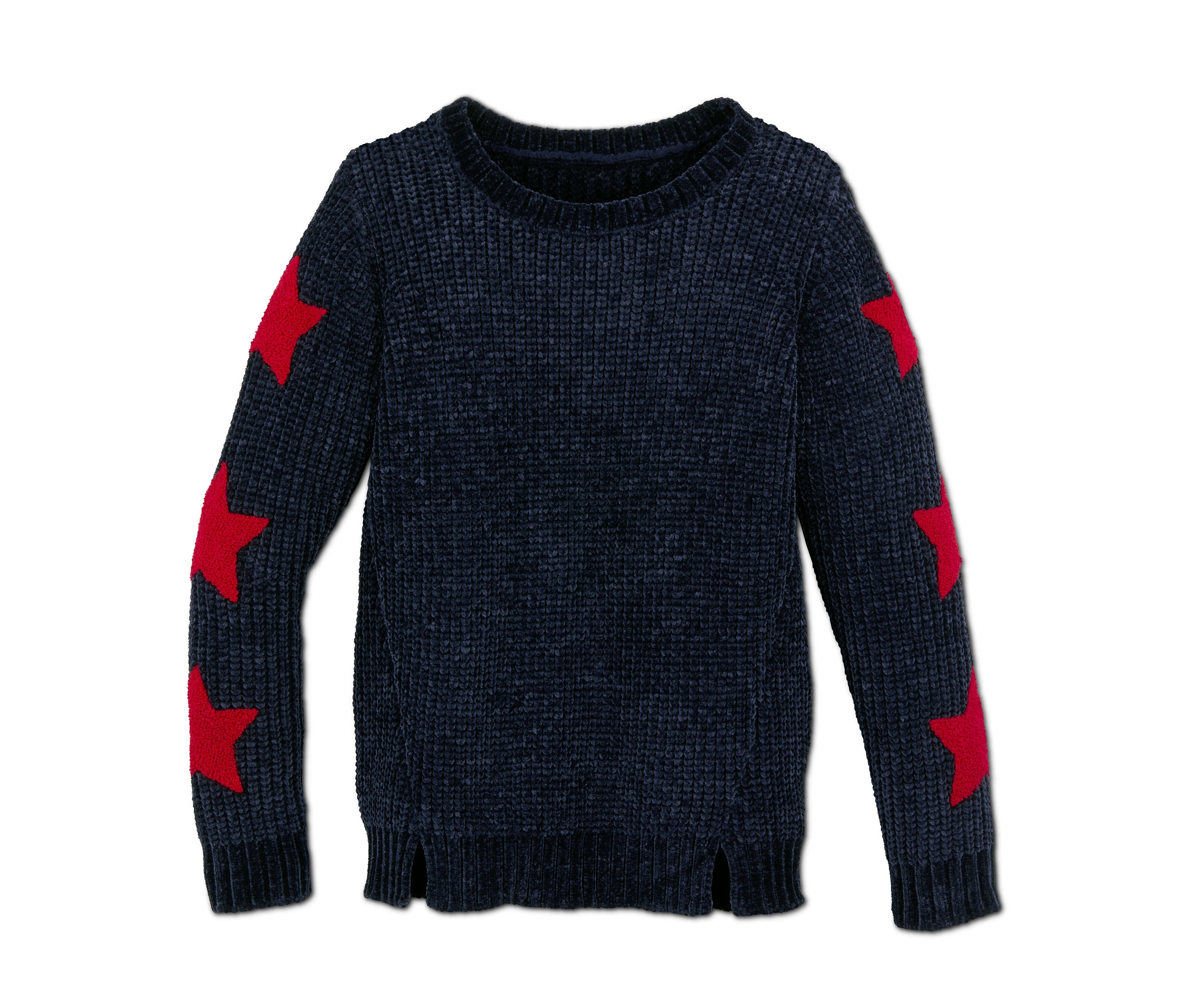 Ženilkový pulóver s tmavomodrými rukávmi a červenými hviezdami.