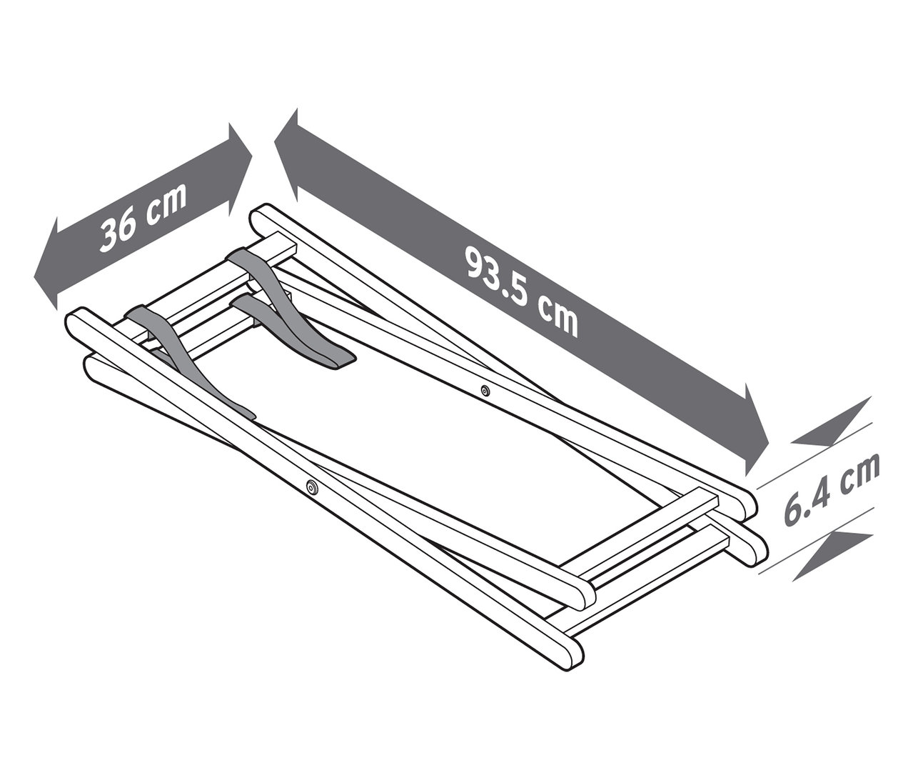 Rozmery zloženého dreveného ležadla sú 36 cm x 93,5 cm x 6,4 cm.
