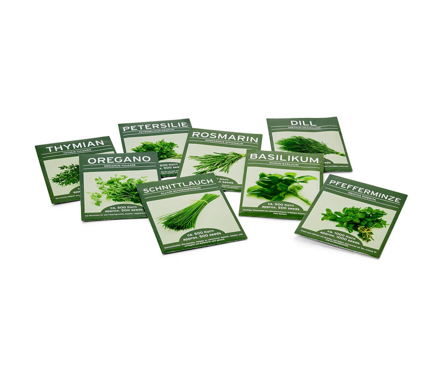 Obrázok zobrazuje balíčky semien 8 bylinkových klasík, vrátane tymianu, oregana, petržlenu, rozmarínu, pažítky, kôpru, bazalky a mäty piepornej.