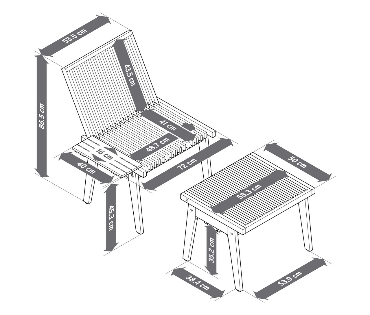 Diagram flexibilnej lavičky a stoličky s rozmermi.
