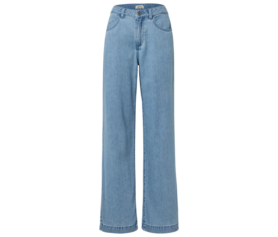 Svetlé široké džínsy s vreckami a zapínaním na gombíky.