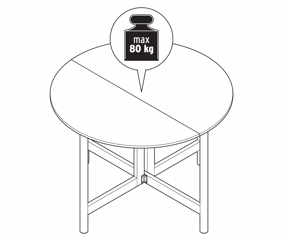Pohľad zhora na okrúhly stôl so štyrmi nohami a grafikou zobrazujúcou závažie s nápisom „max. 80 kg“.