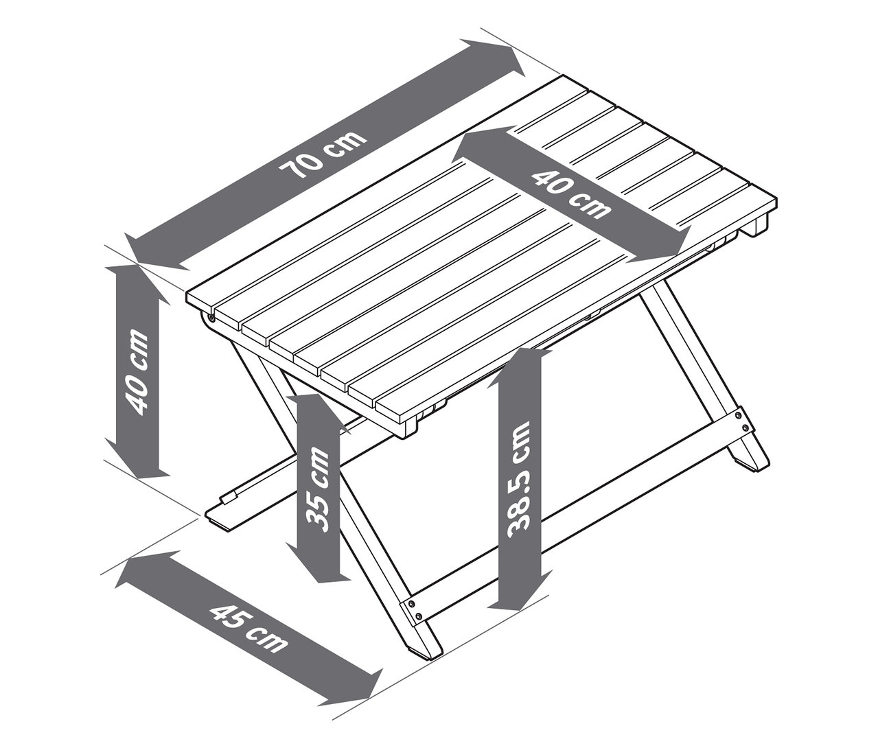 Ilustrácia skladacieho záhradného stola s rozmermi 70x40x38,5 cm.