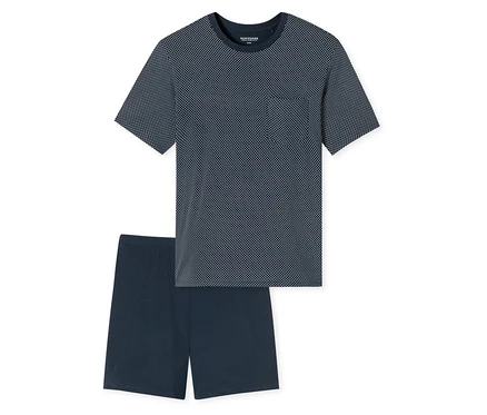 Tmavomodrá súprava SCHIESSER Shorty-Pyjama-Set s bodkovaným tričkom a šortkami.