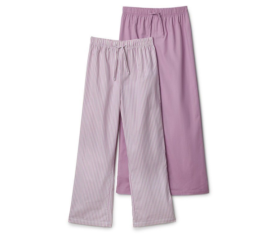 Dvoje dlhé fialové pyžamové nohavice, jedny pruhované a jedny jednofarebné.