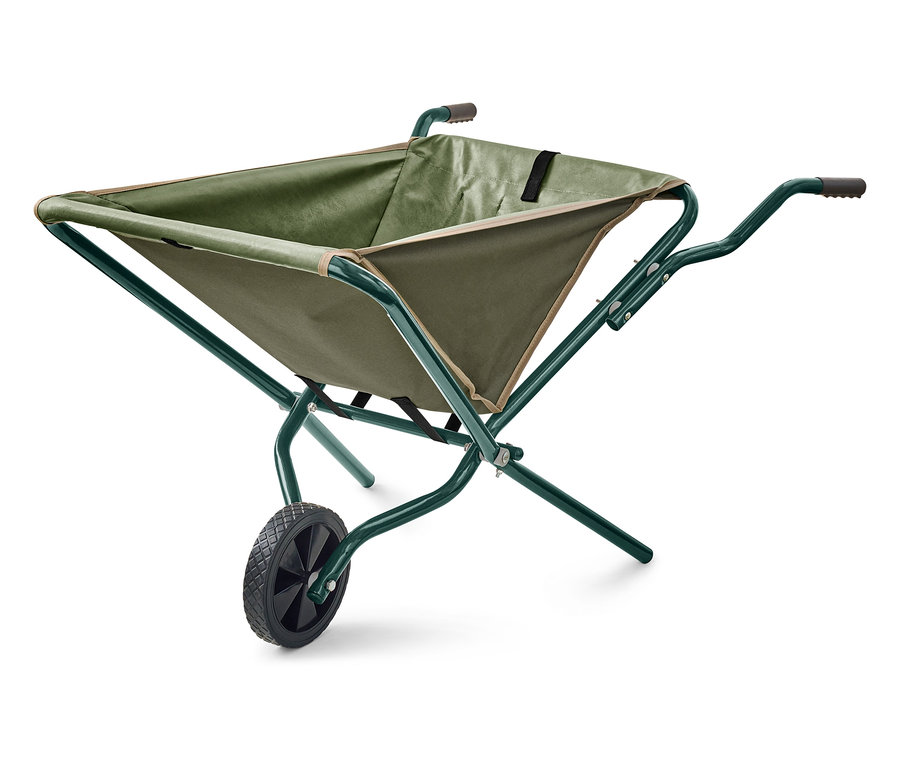 Skladací fúrik v zelenej a olivovozelenej farbe stojí na bielom pozadí.