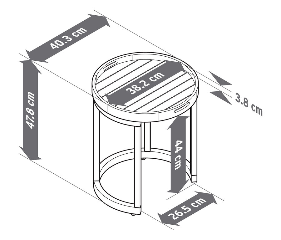 Čiarový nákres záhradného stolíka s odnímateľnou táckou, Ø cca 40 cm a 50 cm, s rozmermi.