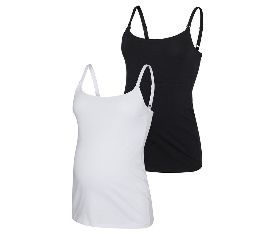 Dva dojčiace tielka MAMALICIOUS MLKERRIE STRAP JRS TOP 2F 2-P NOOS, jedno biele a jedno čierne, sú uložené na sebe.