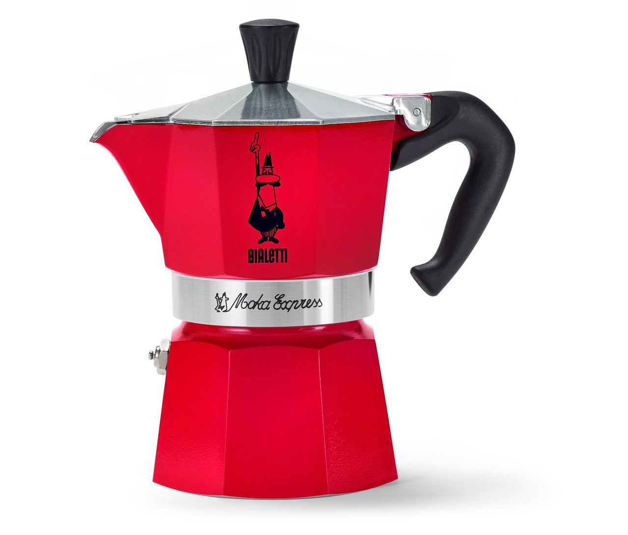 Červený kávovar Bialetti Moka Express, 130 ml, na bielom pozadí.