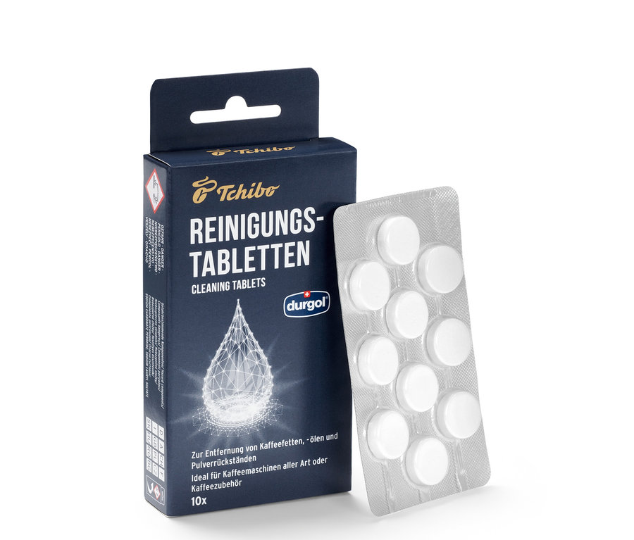 Balenie čistiacich tabliet durgol® na kávové oleje a blister s tabletami.