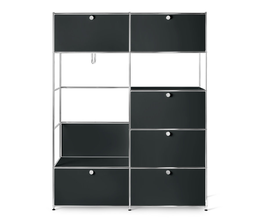 Čierny kovový skriňový systém »CN3« s policami a zásuvkami.