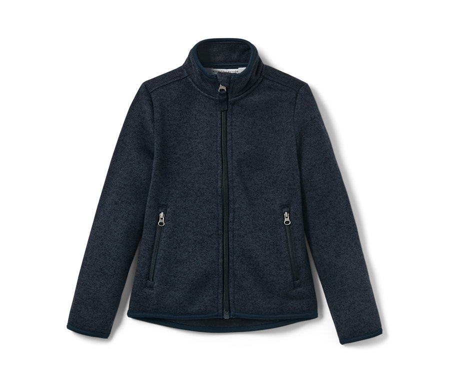Tmavomodrá detská bunda z pleteného flaušu so zipsom v strede.