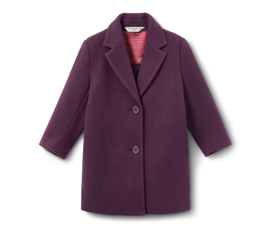 Fialový detský kabát s gombíkmi.