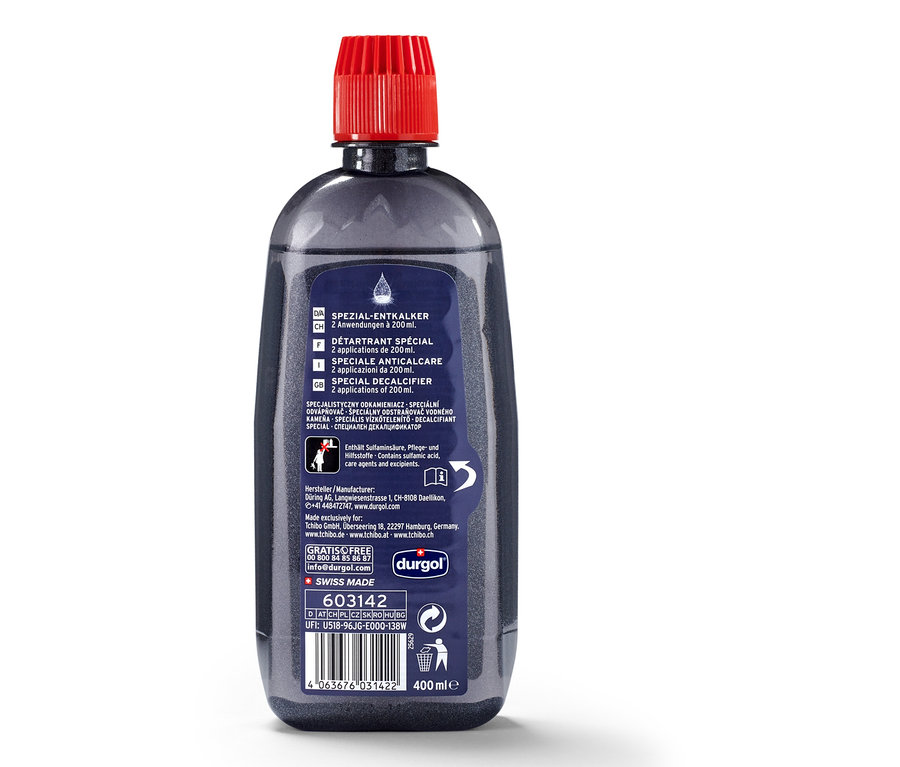 Fľaša odvápňovača durgol® špeciálny odvápňovač, 400 ml, s červeným uzáverom.