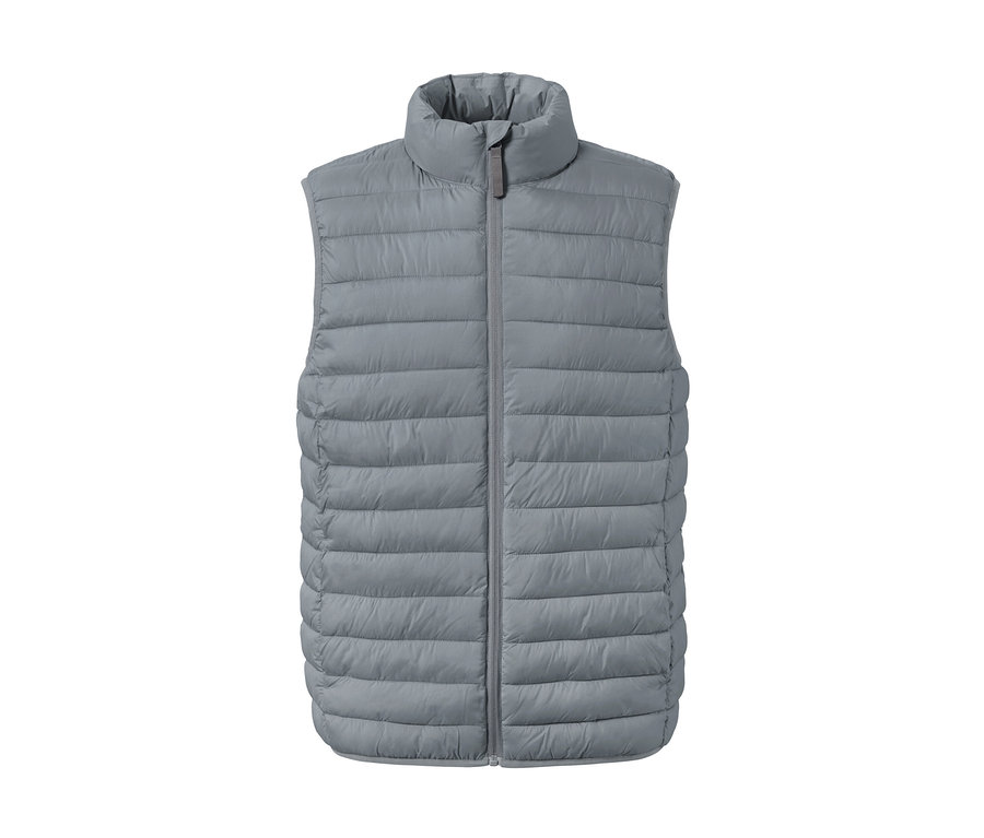 Sivá prešívaná skladacia vesta so zipsom.