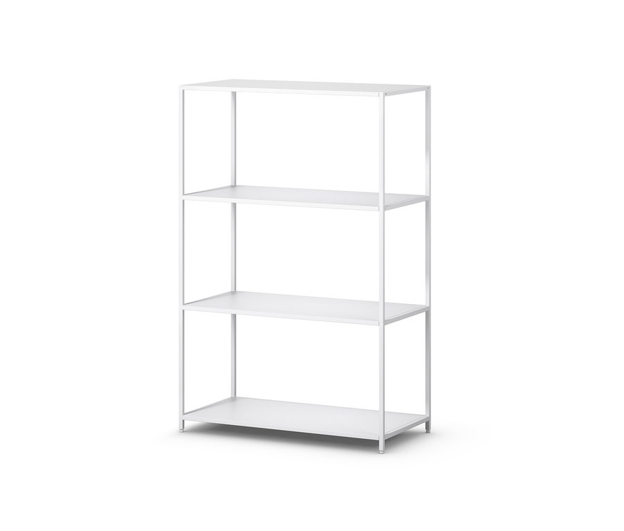 Biela kovová konzola so štyrmi policami.