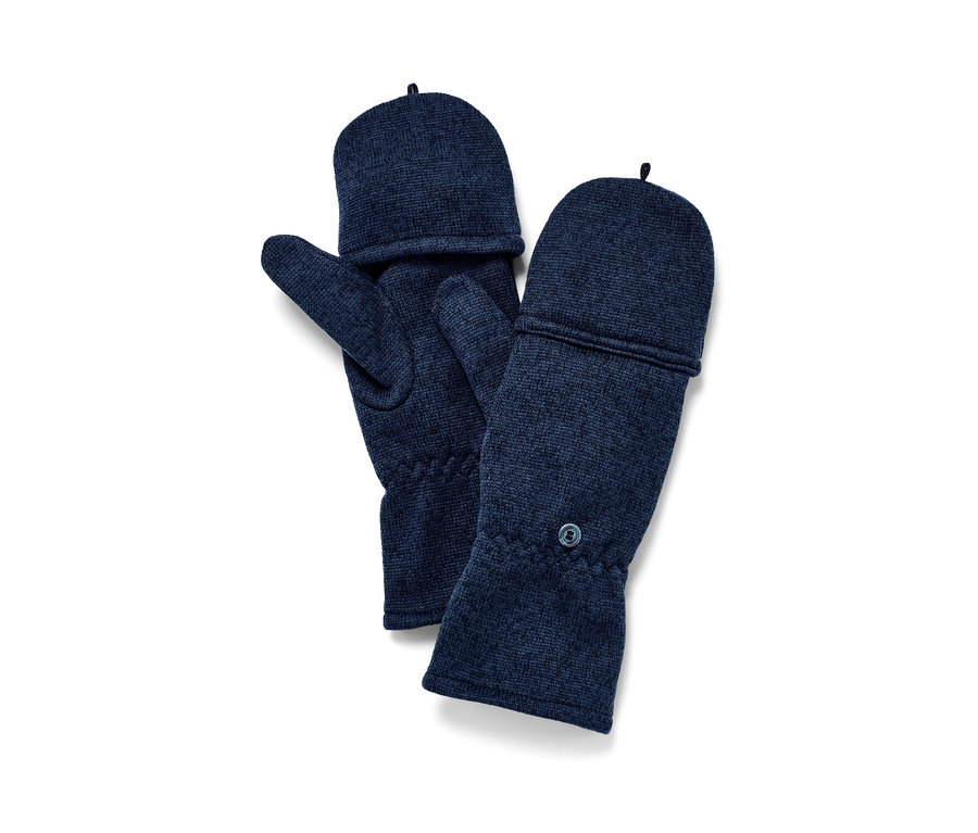 Dve tmavomodré odklápacie palčiaky z pleteného flaušu ležia na bielom pozadí.