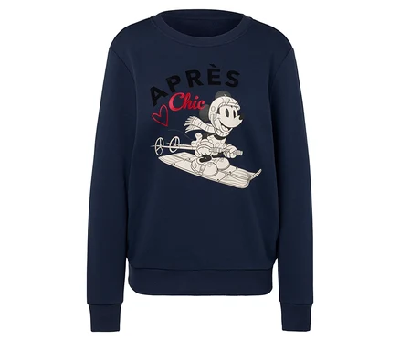 Tmavo modrá mikina s potlačou Mickey Mouse na saniach.