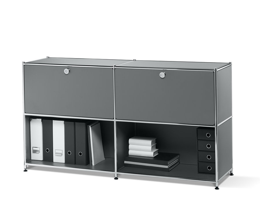 Sivá kovová odkladacia skrinka s 2 nastaviteľnými výklopnými priehradkami a policami s knihami a zakladačmi.