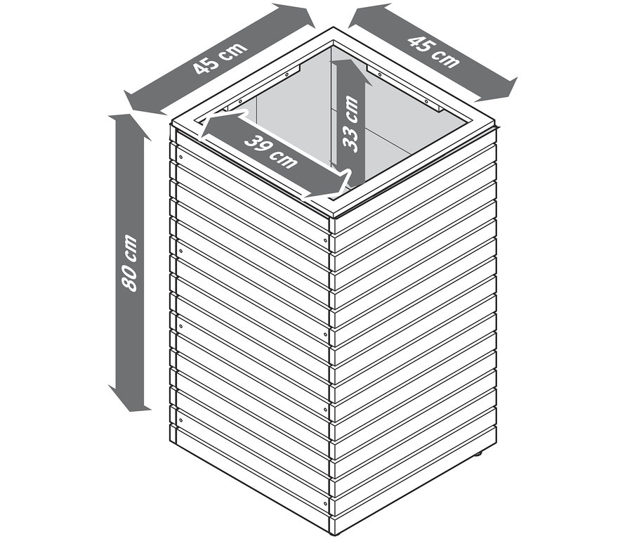 Rozmery súpravy stĺpovitých kvetináčov »Tinus«: 80 cm výška, 45 cm šírka a 39 cm hĺbka.