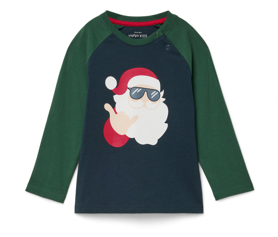 Zelenomodré tričko s dlhým rukávom a obrázkom Santa Clausa s cool okuliarmi.