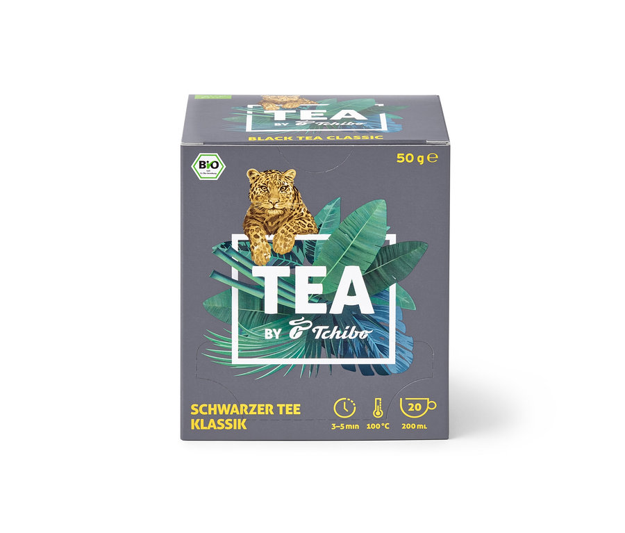 Balenie BIO TEA by Tchibo Klassik 8 x 20 x 2,5 g. Na obale je obrázok leoparda.