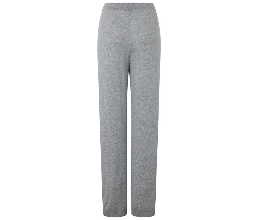 Sivé pletené nohavice na jogu, zobrazené na bielom pozadí.