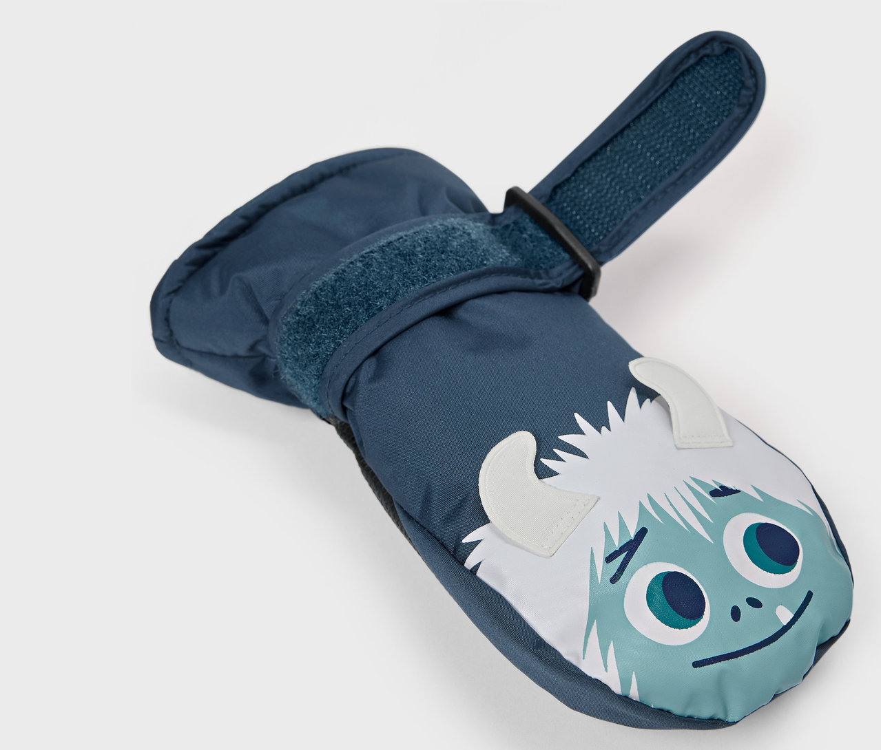 Modrá detská palčiaková rukavica s motívom snehuliaka.