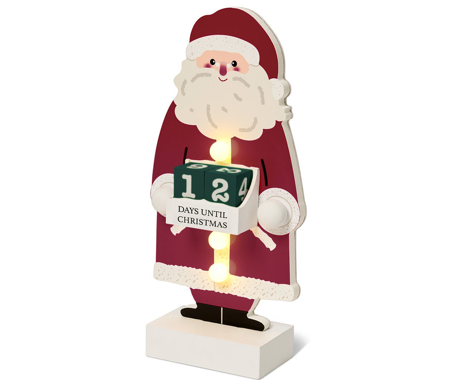 Drevená dekorácia Santa Clausa s blokmi odpočítavajúcimi dni do Vianoc.