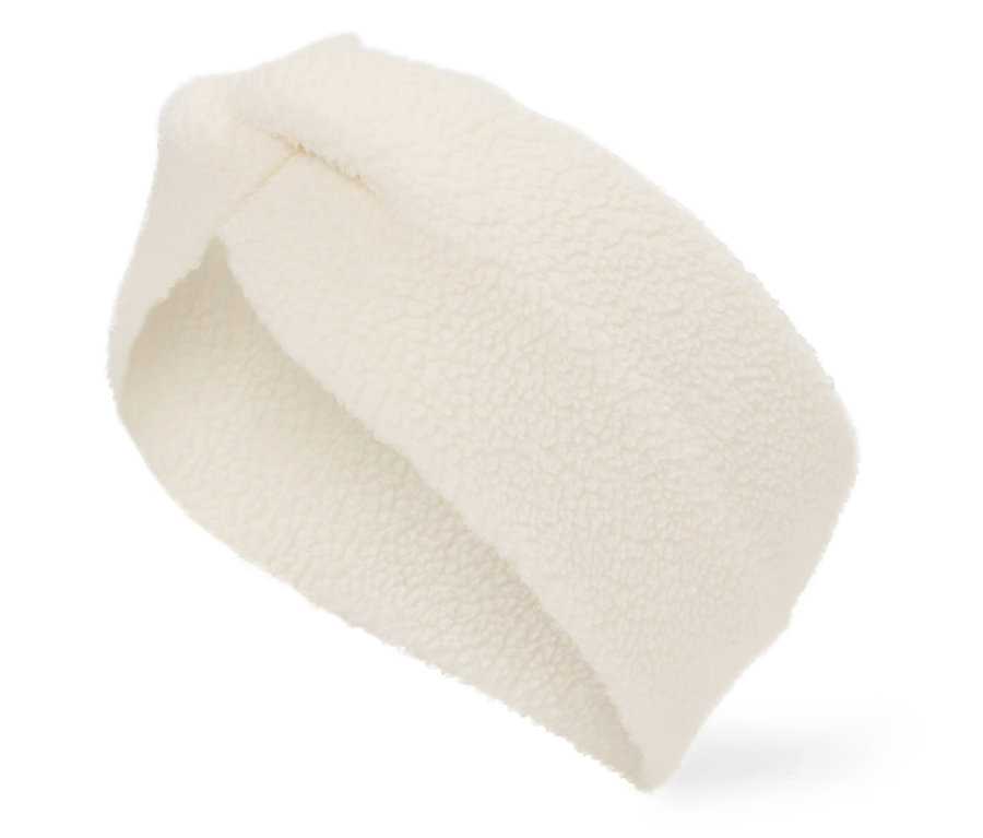 Detailný záber na krémovú fleecovú čelenku na bielom pozadí.