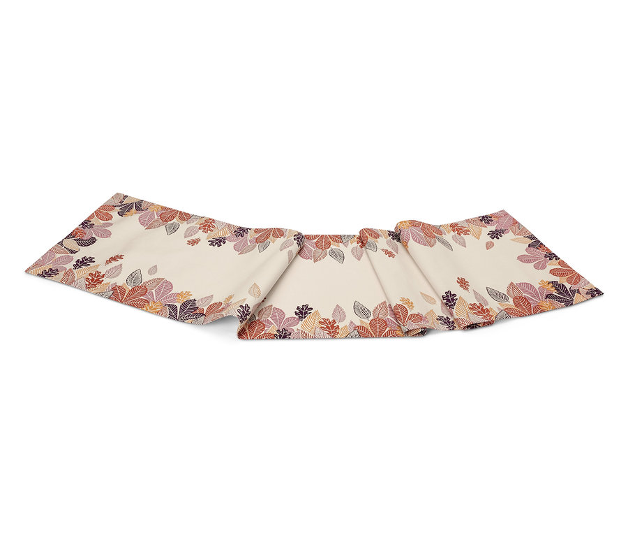 Béžový behúň na stôl s okrajmi zdobenými fialovými a oranžovými listami.