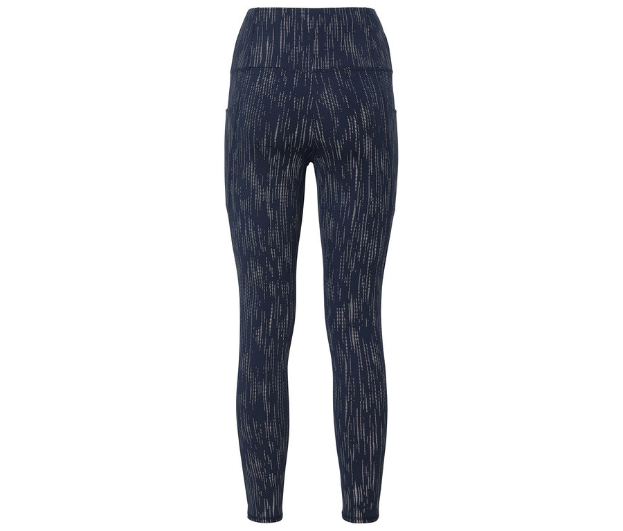 Tmavomodré legíny s vysokým pásom a vzorom zvislých čiar.