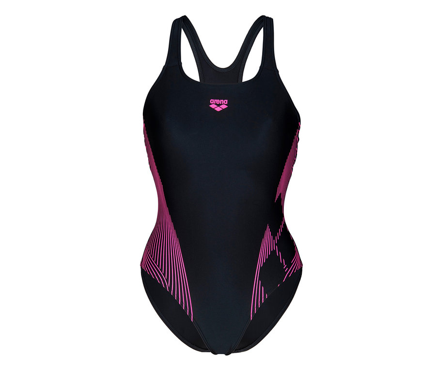 Čierne plavky arena Feel Damen Lily Swim Pro Back Bustier s ružovými detailmi.