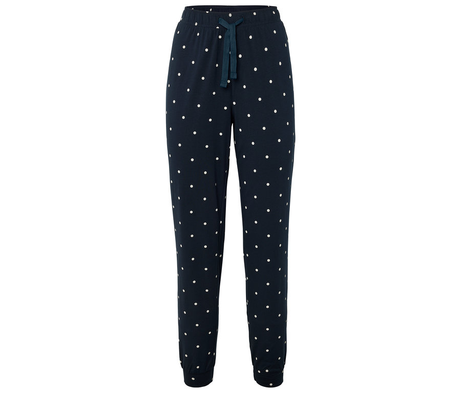 Tmavo modré tepláky s bielymi bodkami a sťahovacou šnúrkou.