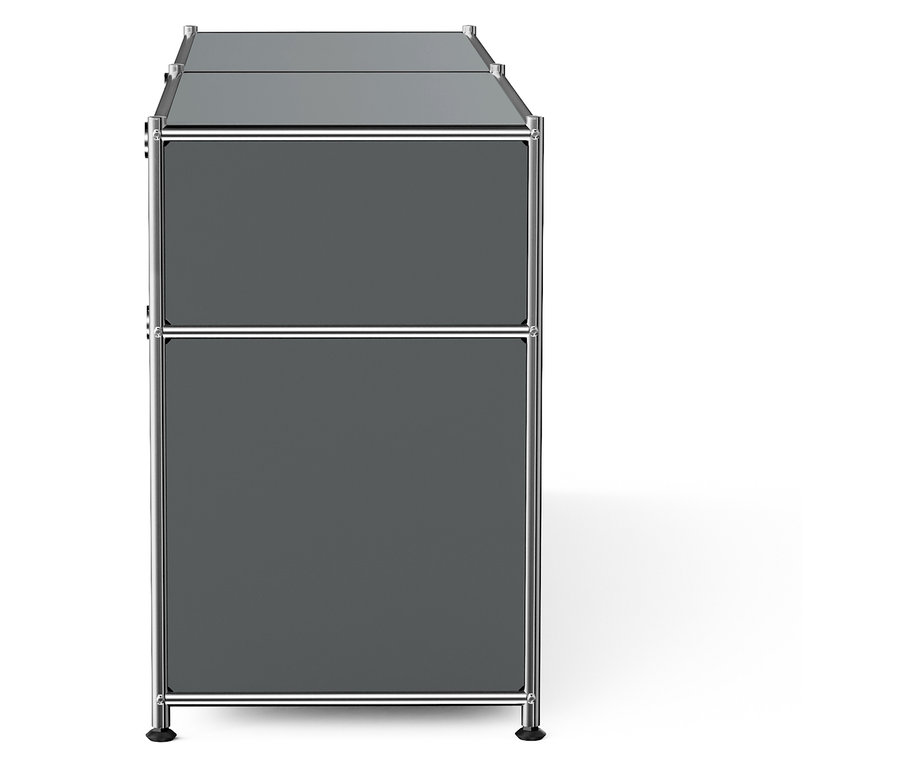 Sivá skrinka s dvomi zásuvkami a chrómovaným rámom.