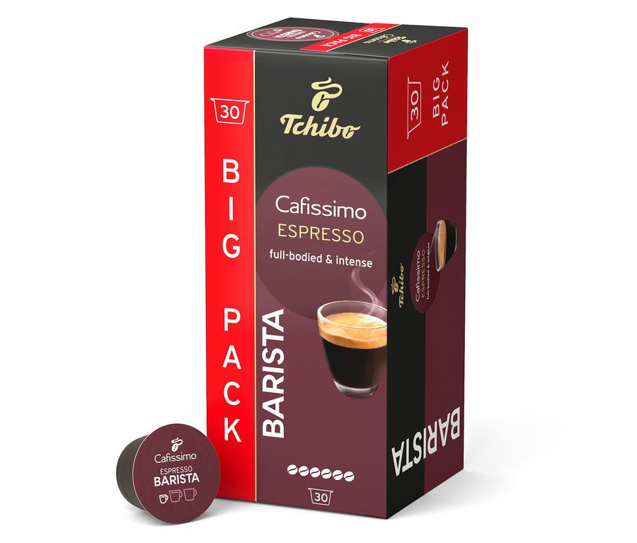 Viditeľné balenie kapsúl Tchibo Cafissimo Espresso Barista a jedna kapsula.