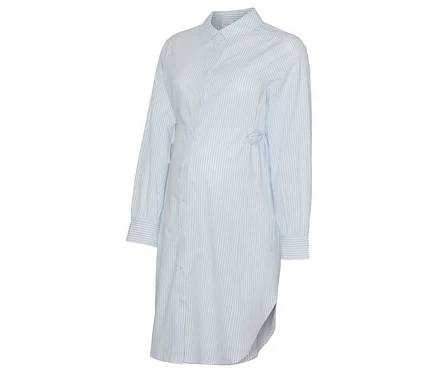 MAMALICIOUS MLLETICIA LIA L/S WO STRING SHIRT DRESS sú bledomodré pásikavé košeľové šaty s dlhým rukávom.