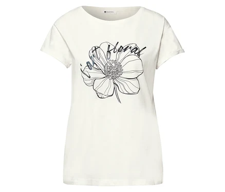 Biele tričko Street One s čiernym obrysom kvetu a nápisom „just floral“.
