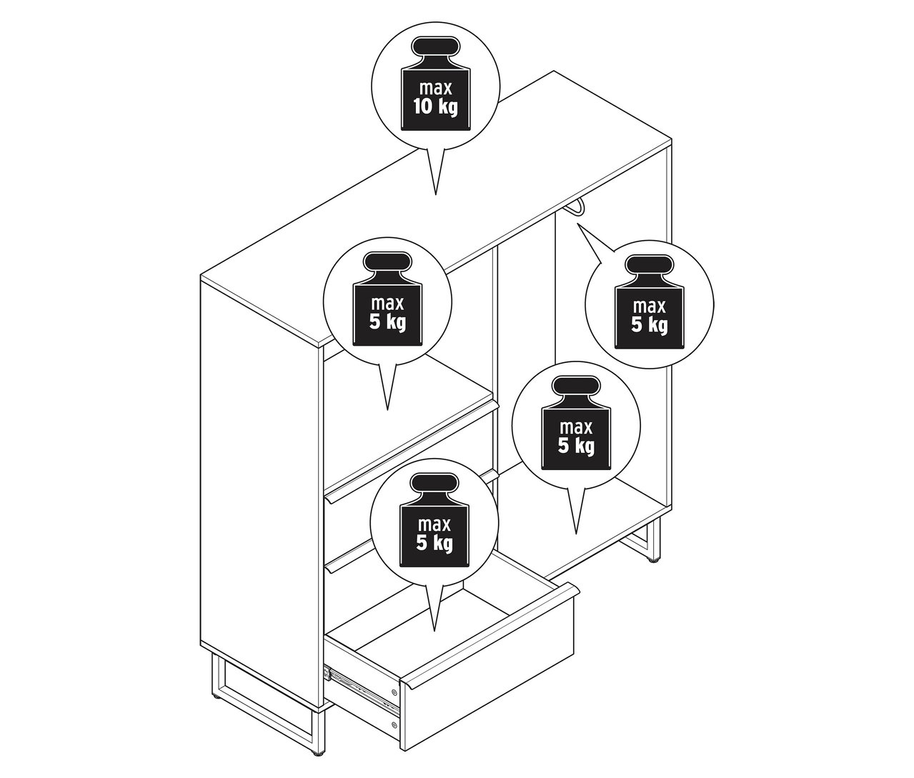 Nákres komody »LEEG« s 3 zásuvkami a tyčou na oblečenie s uvedením hmotnosti.