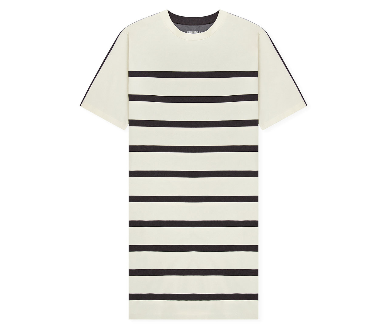 Krémová, krátka nočná košeľa SCHIESSER s vodorovnými čiernymi pruhmi a tmavým okrúhlym výstrihom.