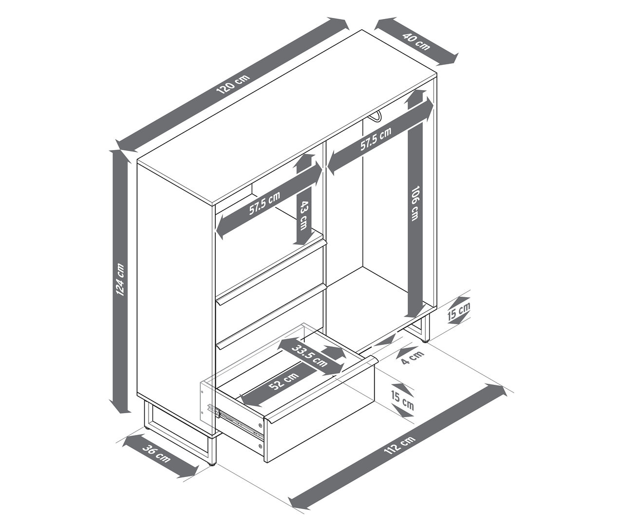 Na obrázku je komoda »LEEG« s 3 zásuvkami a tyčou na oblečenie, vrátane rozmerov.