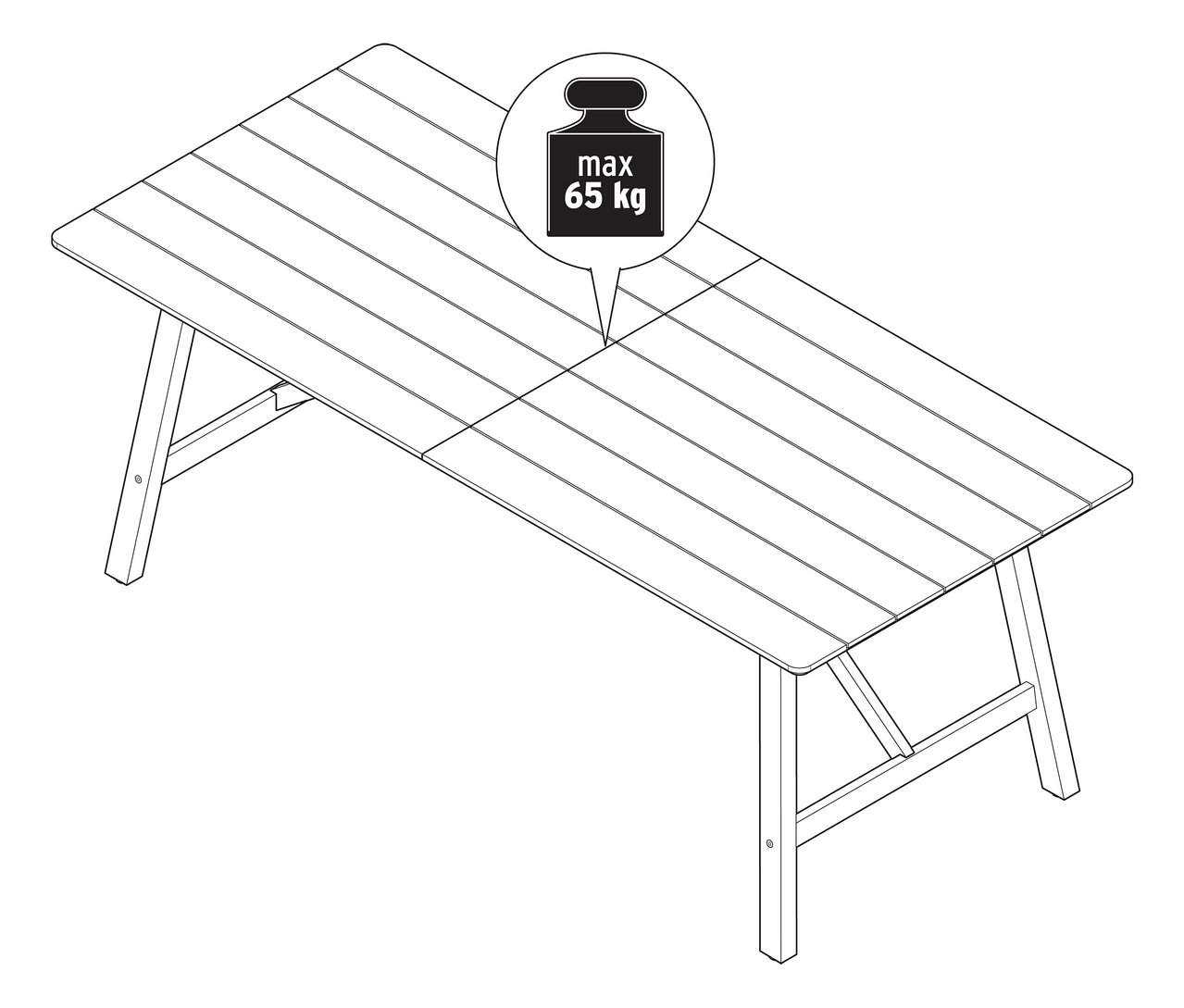Ilustrácia rozkladacieho záhradného stola s rustikálnou konštrukciou, cca 200 – 250 cm, s maximálnou nosnosťou 65 kg.