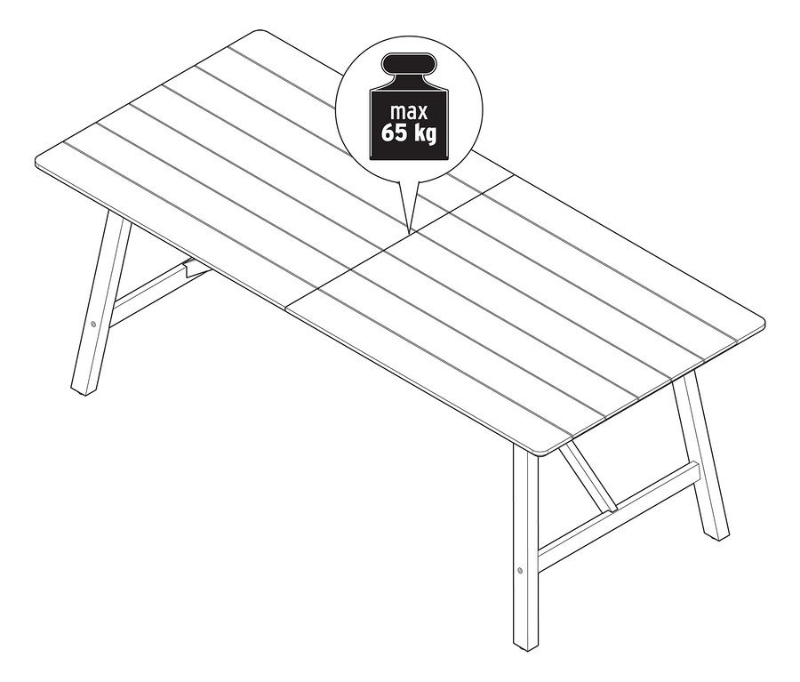 Ilustrácia rozkladacieho záhradného stola s rustikálnou konštrukciou, cca 200 – 250 cm, s maximálnou nosnosťou 65 kg.