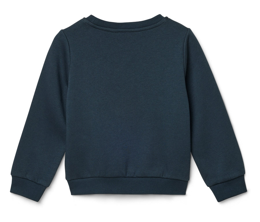 Tmavomodrá mikina s dlhými rukávmi, pohľad zozadu.