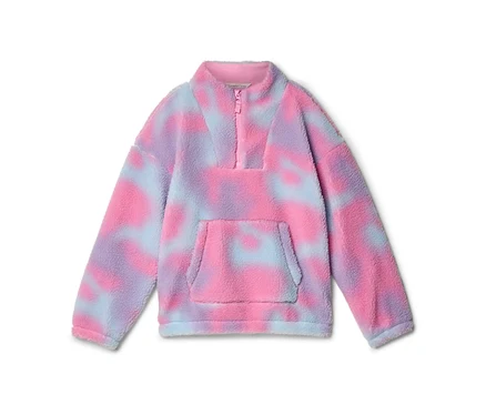 Ružový, fialový a svetlomodrý fleecový pulóver s tie-dye vzorom, polovičným zipsom a predným klokaním vreckom.
