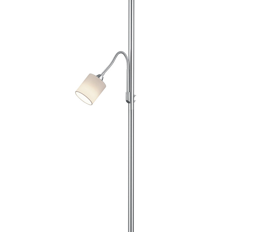 Stojacia lampa so strieborným podstavcom, veľkým bielym látkovým tienidlom a menším, nastaviteľným svetlom na čítanie.